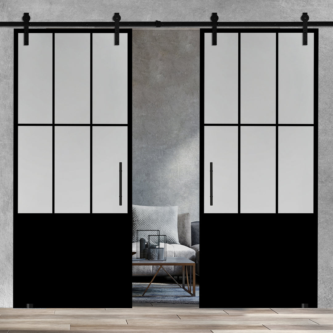 Frameless Industrial Glass Style Sliding Double Barn Door FIBD - 1381 - DoorDiscounter