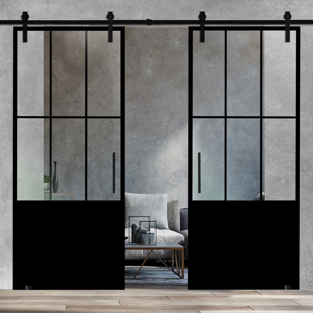 Frameless Industrial Glass Style Sliding Double Barn Door FIBD - 1381 - DoorDiscounter