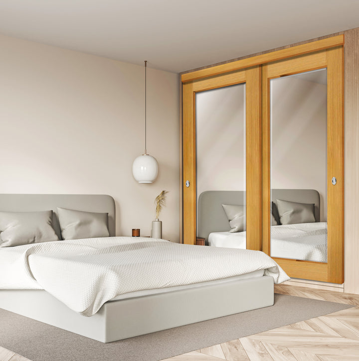 Beveled Edge Mirror Sliding Bypass Closet Door with Mirror Panel Inserts PLBM - 2589 - DoorDiscounter